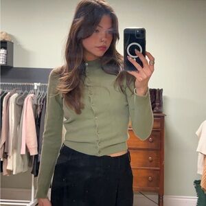 Pringle Green Fitted Crop Cardigan with Mandarin Collar